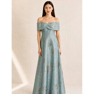 Teri Jon by Rickie Freeman Off the Shoulder Jacquard Metallic Floral Gown